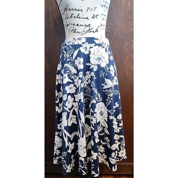 ROZ & ALI navy blue white floral A Line flare midi skirt Sz Small modest stretch - Picture 1 of 6